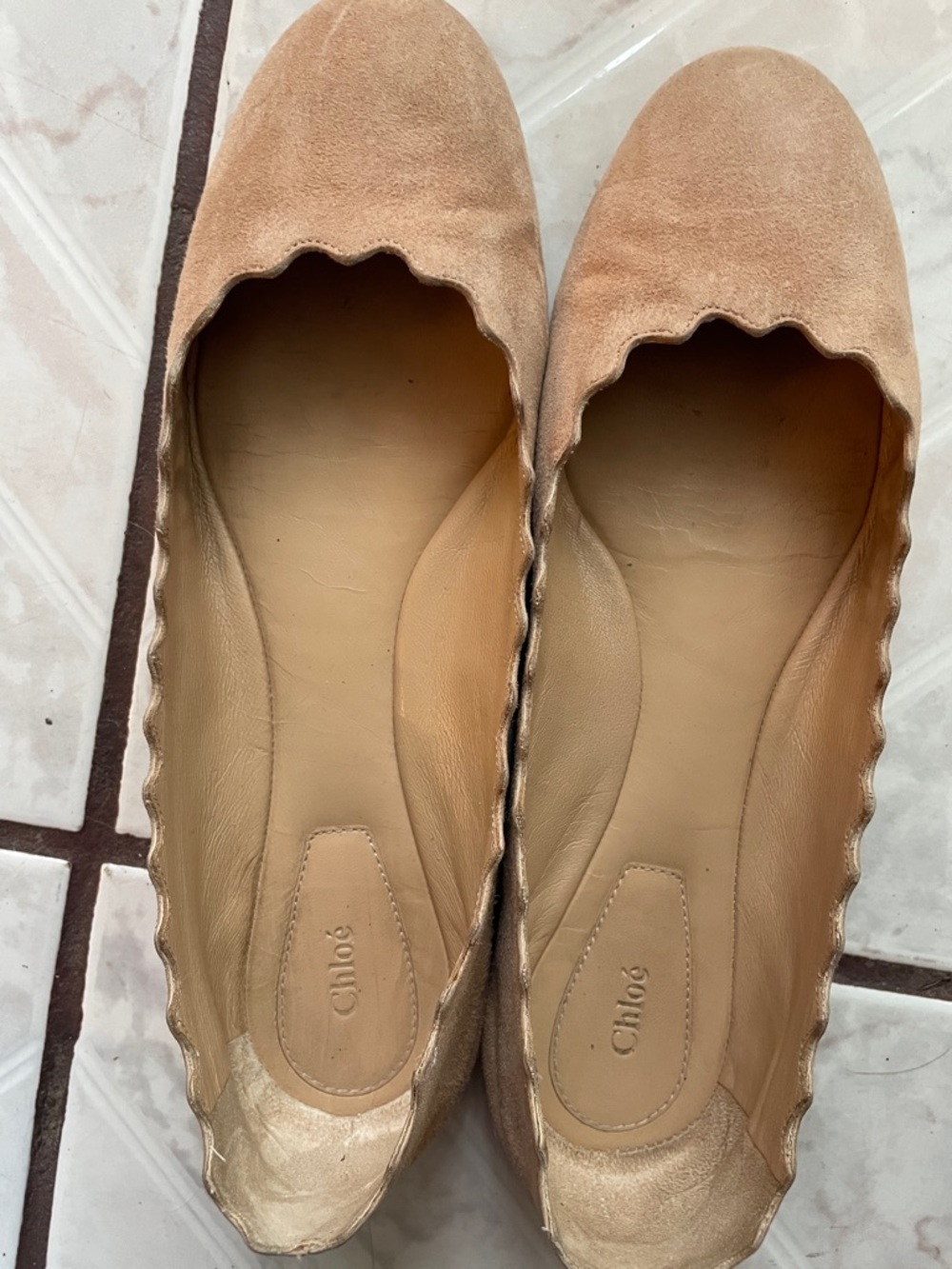 Chloé Tan Suede Scallop-Trim Ballet Flats